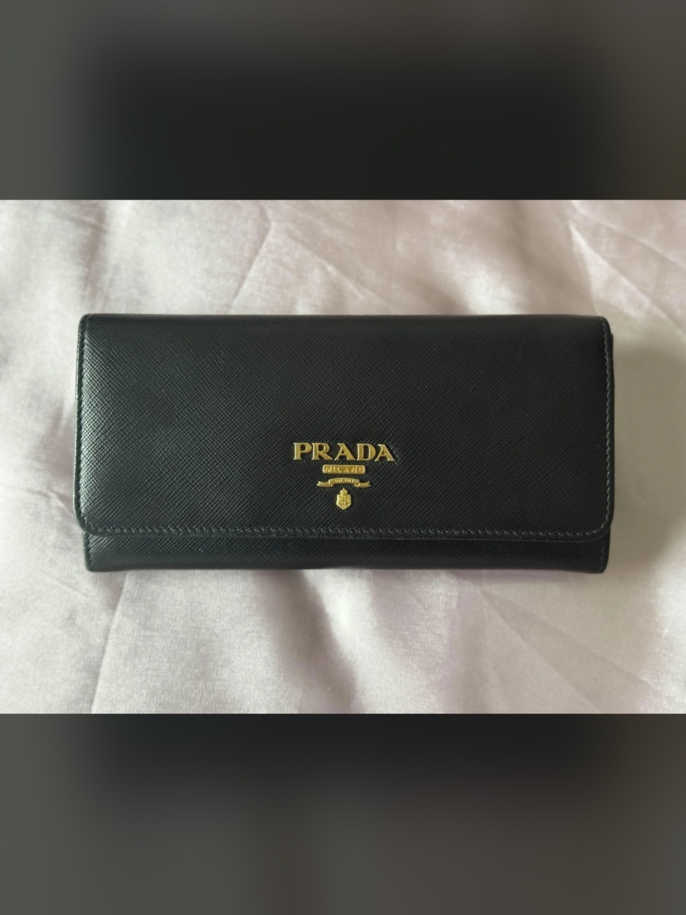 Prada Black Saffiano Continental Wallet with Gold Logo Plaque